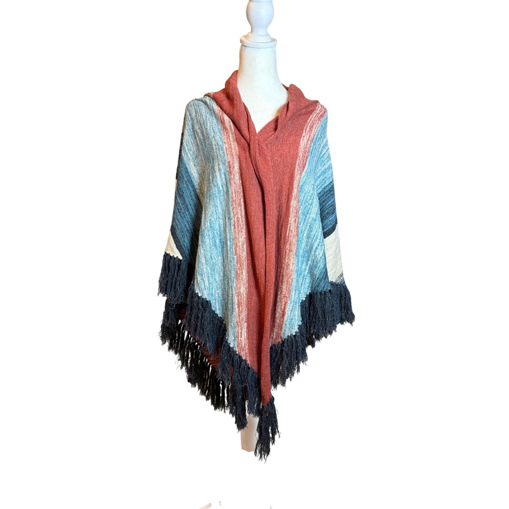 Minnie Rose Striped Linen‎ Blend Fringe Poncho Wrap Blue Terracotta  Boho O/S